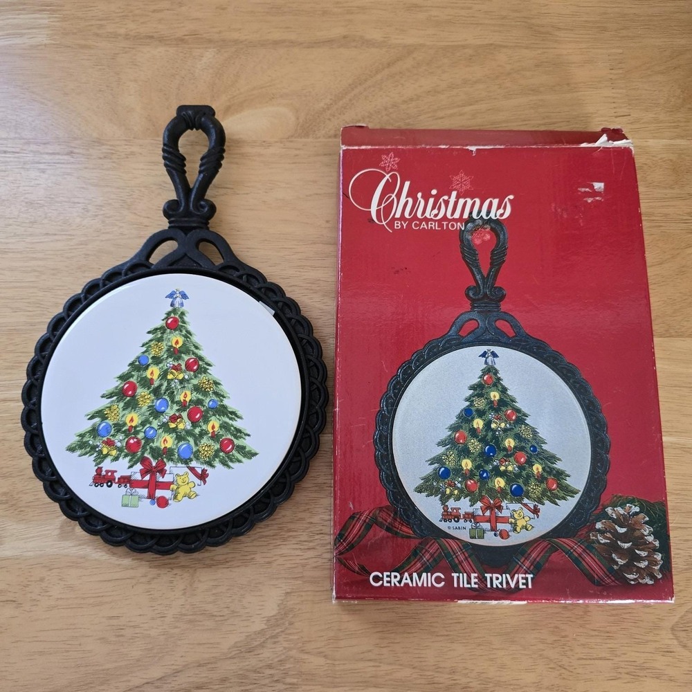 Vintage 1985 Christmas Tree Ceramic Tile Cast Iron Trivet w Box